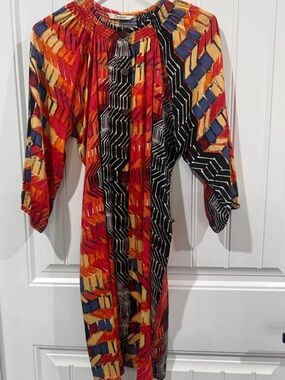 Boho, Retro, MIDI, Multicolor Abstract Button-Front Dress